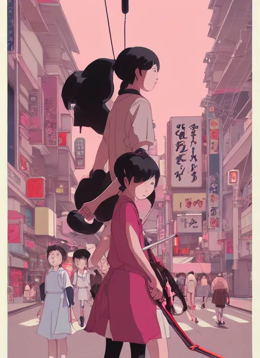 Prompt: Artwork by James Jean, Phil noto and hiyao Miyazaki; a young Japanese future samurai police girl named Yoshimi battles an enormous looming evil natured soft carnivorous pink robot on the streets of Tokyo; Japanese shops and neon signage; crowds of people running; Art work by studio ghibli, Phil noto and James Jean