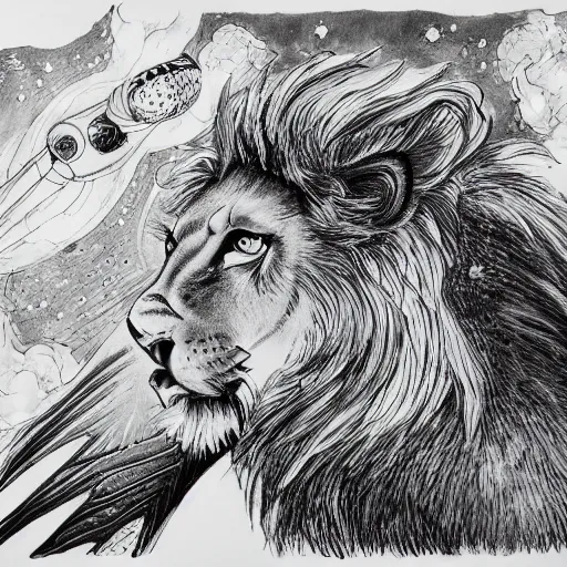 Image similar to lioness with wings in outer space, ink on paper, 8k high quality detailed art, trending on art station, manga art, by Eiichiro Oda