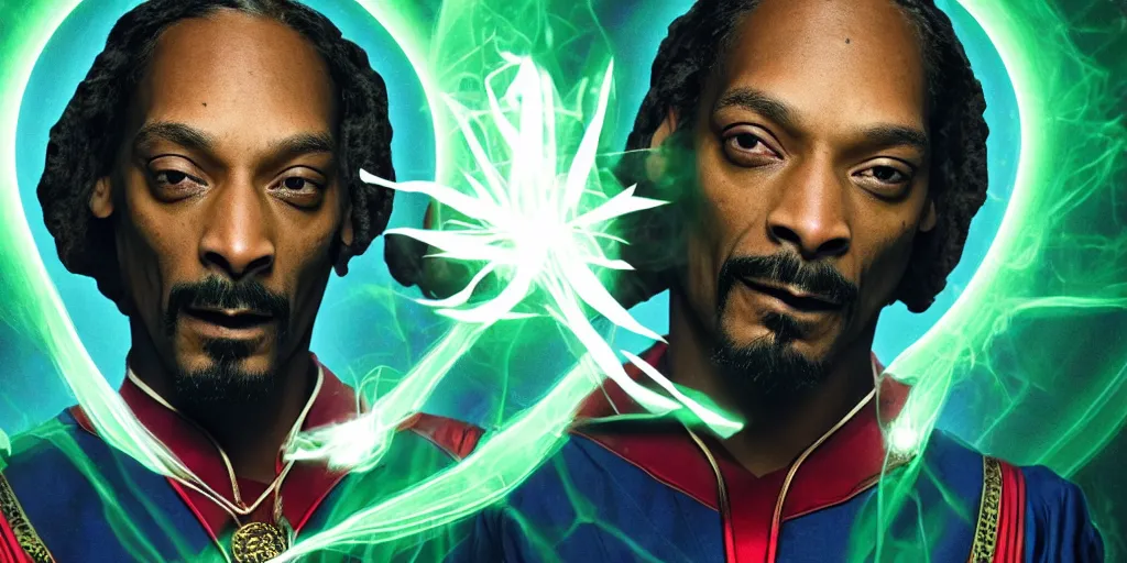 Image similar to snoop dogg as doctor strange, multiple dimensions, green light, marijuana leaves, marijuana, highly detailed, environmental light, cinematic by francis tneh, green magic, 8 k