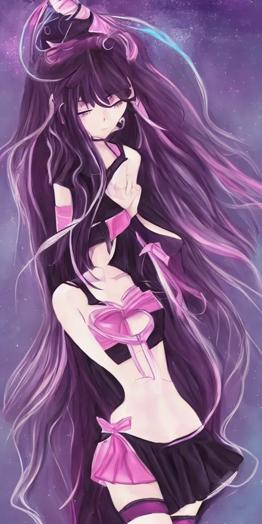 Image similar to a magical anime girl, dark colours, drawn by Yūpon,