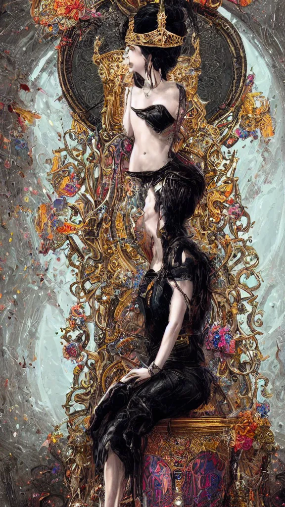 Image similar to painting of a beautiful black haired woman with pale skin and a crown on her head sitted on an intricate metal throne, illustration, artistic, colorful, hyper detailed, in the style of greg rutkowski,