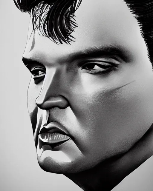 Prompt: a powerful energy elvis presley portrait, grainy black and white photo, by alexander fedosav, hyper detailed digital matte painting, concept art, hyperrealism, 1 6 k resolution, cinema 4 d, 8 k resolution, trending on artstation, behance hd, a masterpiece, by stephan martiniere, particles, by david a. hardy,