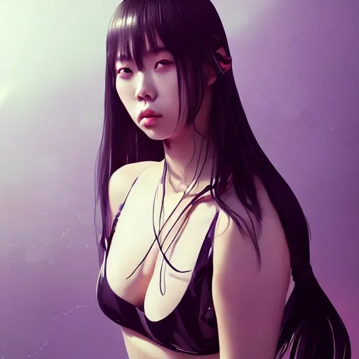 Image similar to a beautiful young korean kpop star billie eilish lucy liu alluring instagram model in elaborate latex bikini tank top, tank top made from latex demon faces, by guweiz and wlop and ilya kuvshinov and artgerm and, aesthetic, gorgeous, stunning, alluring, attractive, artstation, deviantart, pinterest, digital art