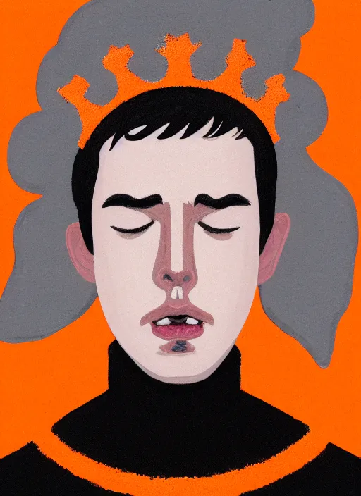 Image similar to portrait of teenage jughead jones wearing a light grey crown, symmetrical crown, sweater with picture of hamburger, eyes closed, crown, black hair, orange, intricate, elegant, glowing lights, warm lighting, highly detailed, digital painting, artstation, concept art, smooth, sharp focus, illustration, art by wlop, mars ravelo and greg rutkowski