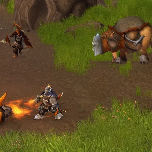 Prompt: World of Warcraft screenshot of a gnome sitting on a wild boar