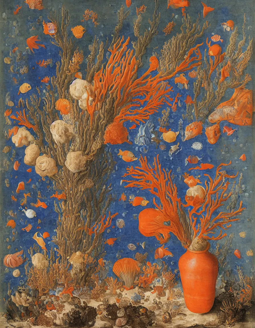 Image similar to bottle vase of coral under the sea decorated with a dense field of stylized scrolls that have opaque outlines enclosing mottled blue washes, with orange shells and purple fishes, Ambrosius Bosschaert the Elder, oil on canvas, around the edges there are no objects