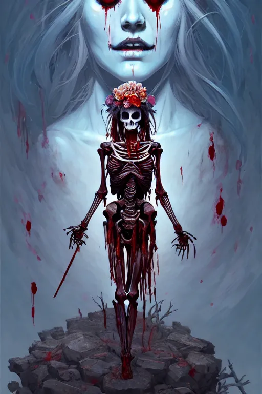 Image similar to extremely beautiful panting of goddess of the realm of the dead, half woman half skeleton, covered with blood, surrounded by skeletons, extremely high detailed face, artstation, by ilya kuvshinov, greg rutkowski and makoto shinkai, trending on artstation