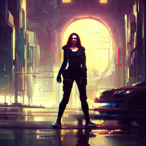 Image similar to cyberpunk rachel mcadams, oil painting, Tooth Wu, Greg Rutkowski, RPG portrait, dynamic lighting, fantasy art, High contrast, depth of field