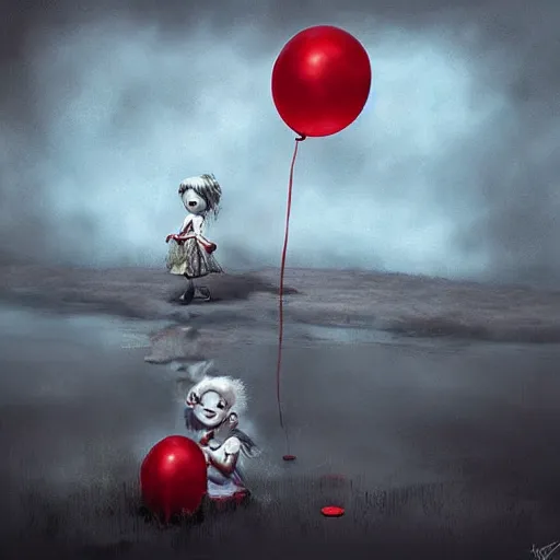 Prompt: grunge cartoon landscape painting of a little girl and a red balloon by - michal karcz, loony toons style, pennywise style, horror theme, detailed, elegant, intricate