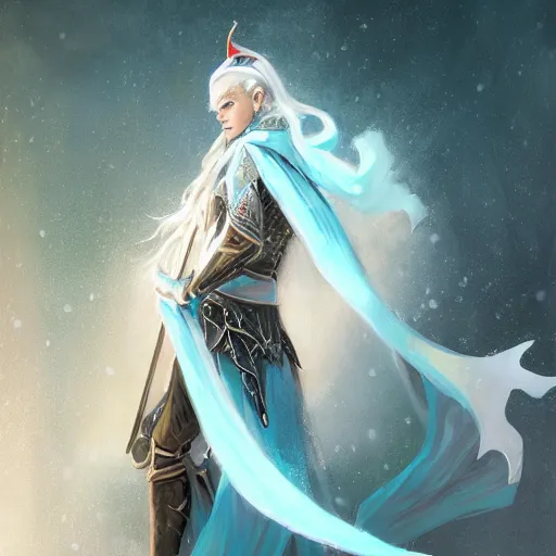 Image similar to half length portrait of a handsome male snow elf in a turquoise cape and silver ornate armour as an archer, albino skin, pale pointed ears, winter vibes, perfect face, elegant, very coherent symmetrical artwork, atmospheric lighting, rule of thirds, by wenjun lin, krenz cushart, charlie bowater, trending on artstation