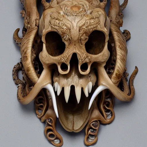 Image similar to an intricately detailed carving in an wolf - octopus skull, rococo ornate bone and ivory sculpted skull with teeth and tentacles, horror, artifact, micro detailed, inscribed with occult symbols, otherworldly