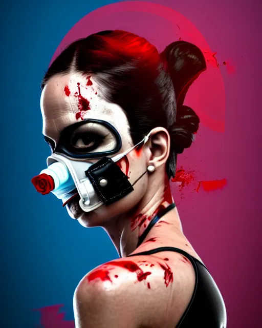 Image similar to a rogue agent wearing oxygen mask, has blood, rose, a pistol and a syringe needle with sea background intricate details with horror side profile by Sandra Chevrier in 8k render dramatic light
