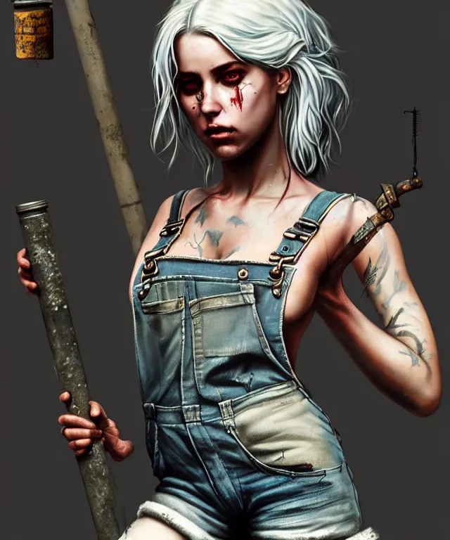 Image similar to full body pose, grungy, dirty ciri, torn overalls, short shorts, combat boots, fishnets, beautiful, highly detailed face, true anatomy!, extremely detailed!, digital painting, unreal engine 5, art by tom bagshaw