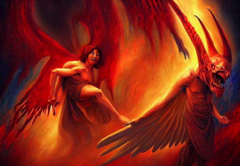 Image similar to demon afraid of an angel painting, good vs evil, highly detailed, digital painting, smooth, sharp focus, illstration, ultra realistic, dmon vs angle, heaven vs hell, 8 k, screaming demon, confident angle