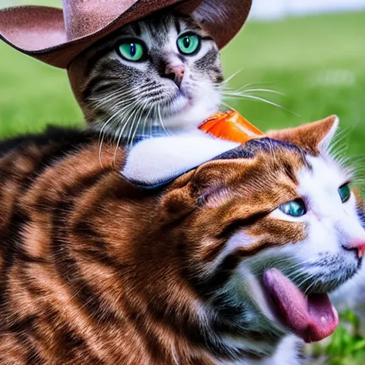 Prompt: a cat riding on a dog's back. the cat is wearing a cowboy hat. hd photograph.