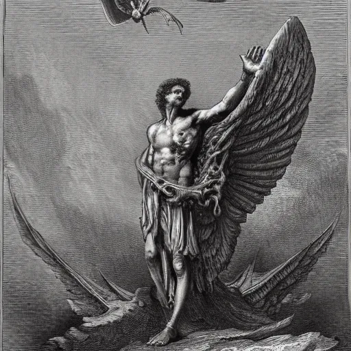 Prompt: a small man standing in front of a massive winged demon, highly detailed, Biblical, high contast, david and goliath, in the style of Gustave Dore