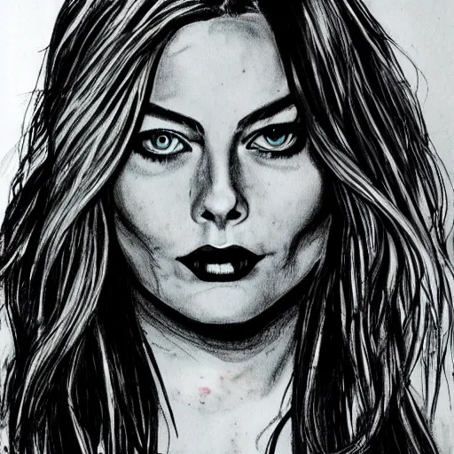 Image similar to grunge drawing of margot robbie in the style of the grudge