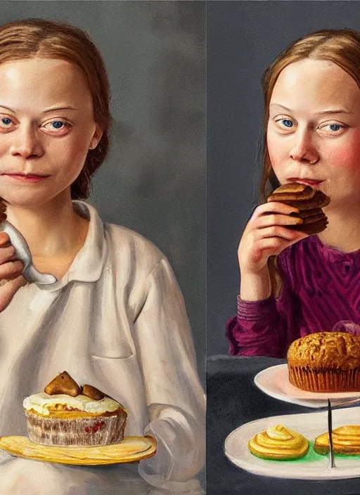 Image similar to greta thunberg eating cakes painted by otto dix, detailed digital art, trending on Artstation