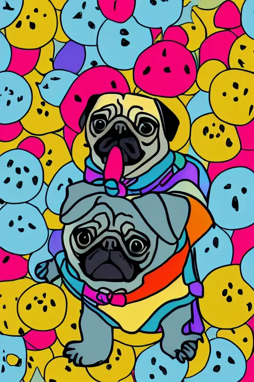 Image similar to Pug as a serial killer, sticker, colorful, illustration, highly detailed, simple, smooth and clean vector curves, no jagged lines, vector art, smooth