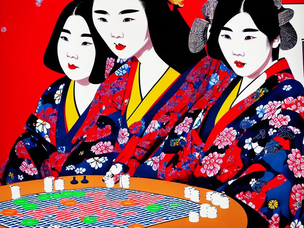 Image similar to hyperrealistic composition of the detailed woman in a japanese kimono sitting at a poker table with detailed darth vader, fireworks, mount fuji on the background, pop - art style, jacky tsai style, andy warhol style, acrylic on canvas