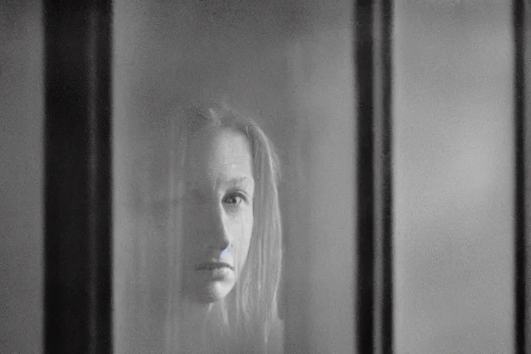 Prompt: a cinematic painting of a female prisoner inside of jail cell, looking through a steamed up glass window, beautiful lighting, high depth, ultra realistic, artistic, by annie leibovitz