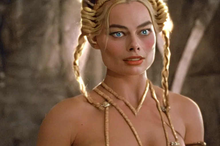 Prompt: A film still of Margot Robbie as slave leia in Return of the Jedi, 50mm, high detail