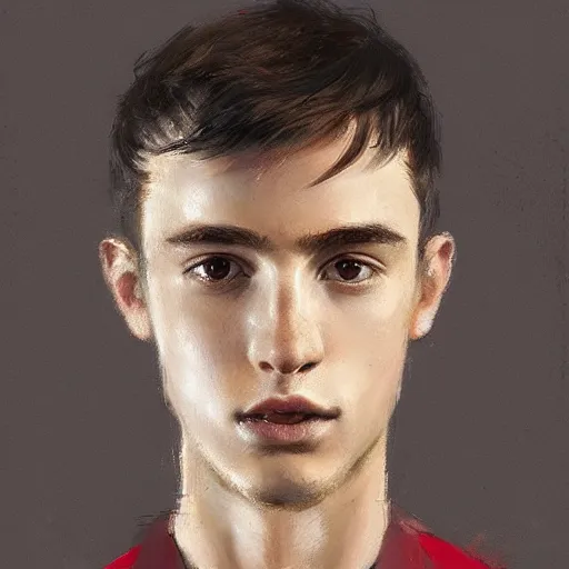 Prompt: Portrait of a man by Greg Rutkowski, he is about 20 years old, british features, straight jaw, attractive, short brown hair with bangs, athletic and strong, gallant, childhood friend vibes, he is wearing red and black utilitarian jumpsuit, highly detailed portrait, digital painting, artstation, concept art, smooth, sharp foccus ilustration, Artstation HQ.