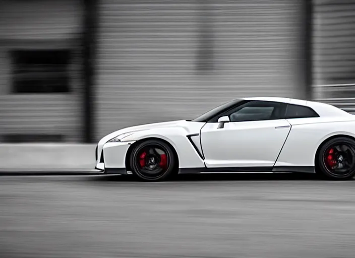 Image similar to 105mm photograph f1.8 full view mid distance front side view white Nissan GT-R showroom beautiful lighting from 2022