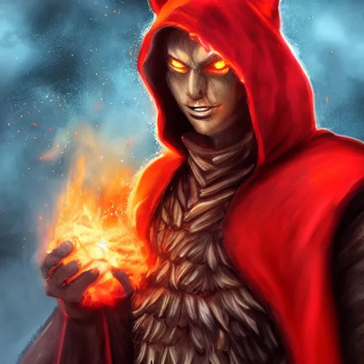 Image similar to cat Berserker, red glowing eyes, in magic armor, wearing red hoodie and torn cape, magic gathered in his chest, fire in background, D&D, fantasy, cinematic