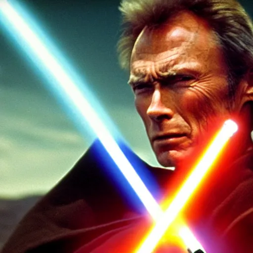 Prompt: clint eastwood holding lightsaber in star wars episode 3, 8k resolution, full HD, cinematic lighting, award winning, anatomically correct