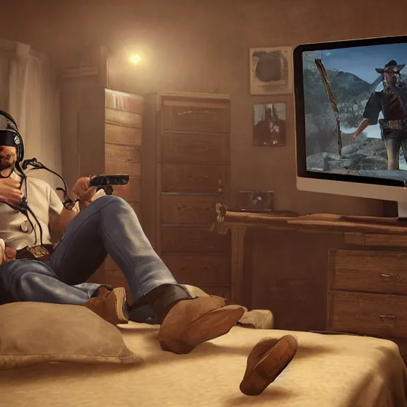 Image similar to john marston in his bedroom, playing pc games with gaming headphones on, photograph