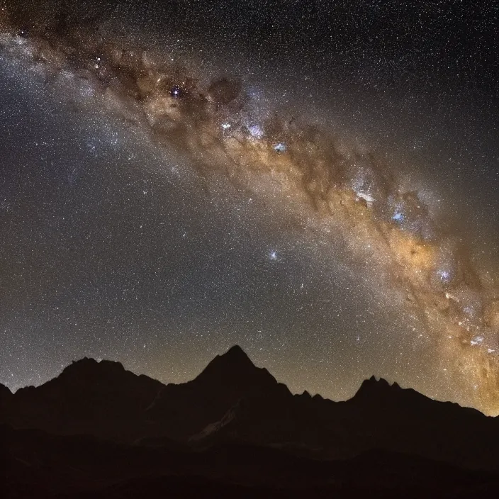 Prompt: Milky Way as seen in the night sky of a distant alien planet with mountain surface, NASA true color photograph, very detailed, 8k resolution