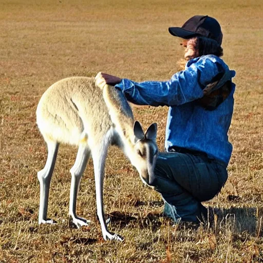 Image similar to a kangaroo and a very cute white rural dog photograph, high quality, award winning, National Geographic
