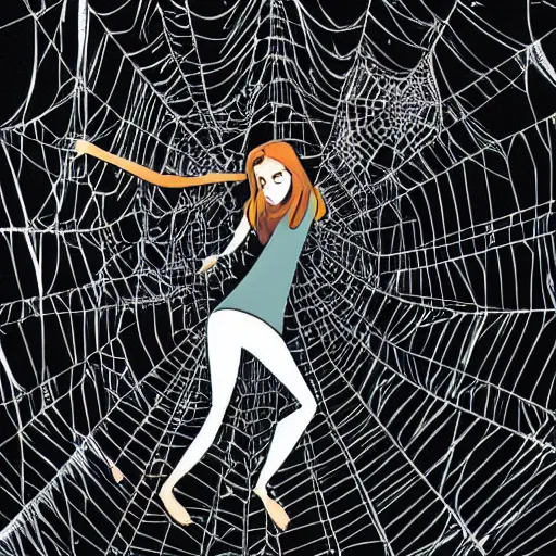 Image similar to emma watson hanging from and trapped in a giant spider web, cartoon