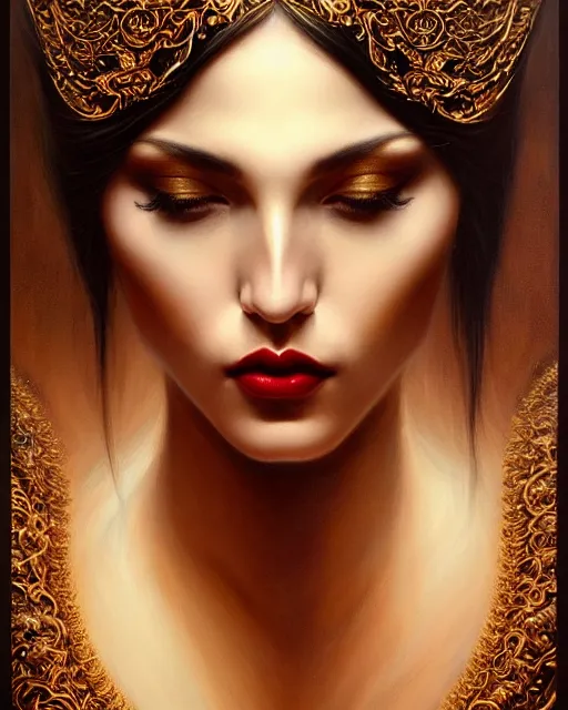 Image similar to portrait of a beautiful goddess, enigmatic beauty, dominant shades of black, gold silver, dark red, white, head in focus, fantasy art, ornamental aesthetics, intricate, elegant, highly detailed, hyperrealistic, artstation, concept art, soft illumination, painterly, sharp focus, by karol bak