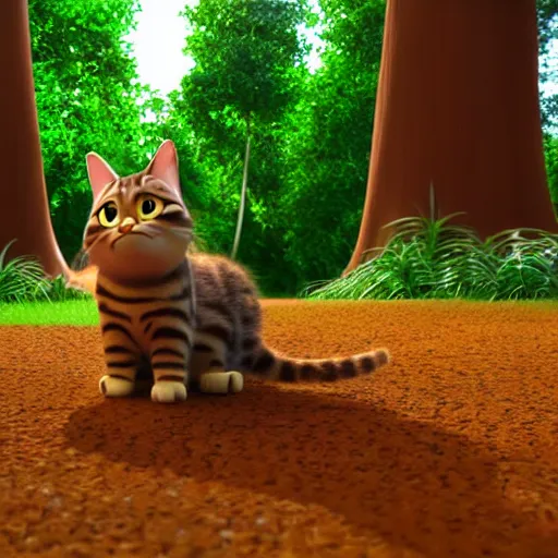 Prompt: pixar movie, brown tabby cat, 3 d, pixar _ tabby _ cat in a forest