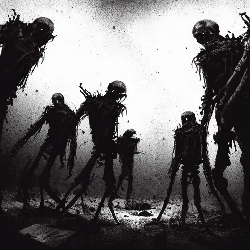 Prompt: living undead skeletons emerging from a pile of shit in the bottom of a very dark well. swords in their hands. wide angle. trending on artstation, craig mullins, gopro lens.