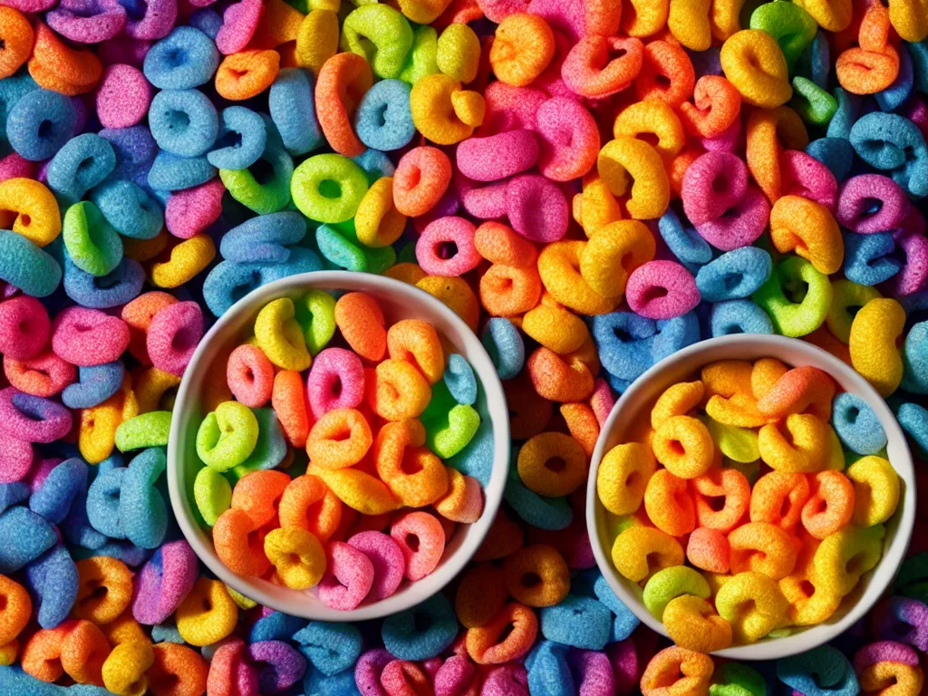 Prompt: bowl of fruit loops in milk, high realism, high contrast, bump map, crunchy, glossy, high detail, stylized, pixar, substance painter, octane render