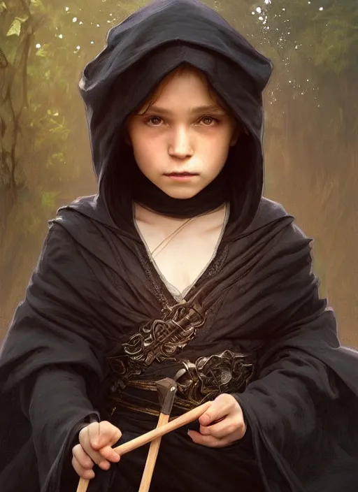 Image similar to perfectly - centered - portrait of a kid wearing black cloak holding stick, intricate, highly detailed, digital painting, artstation, concept art, smooth, sharp focus, illustration, unreal engine 5, 8 k, art by artgerm and greg rutkowski and alphonse mucha