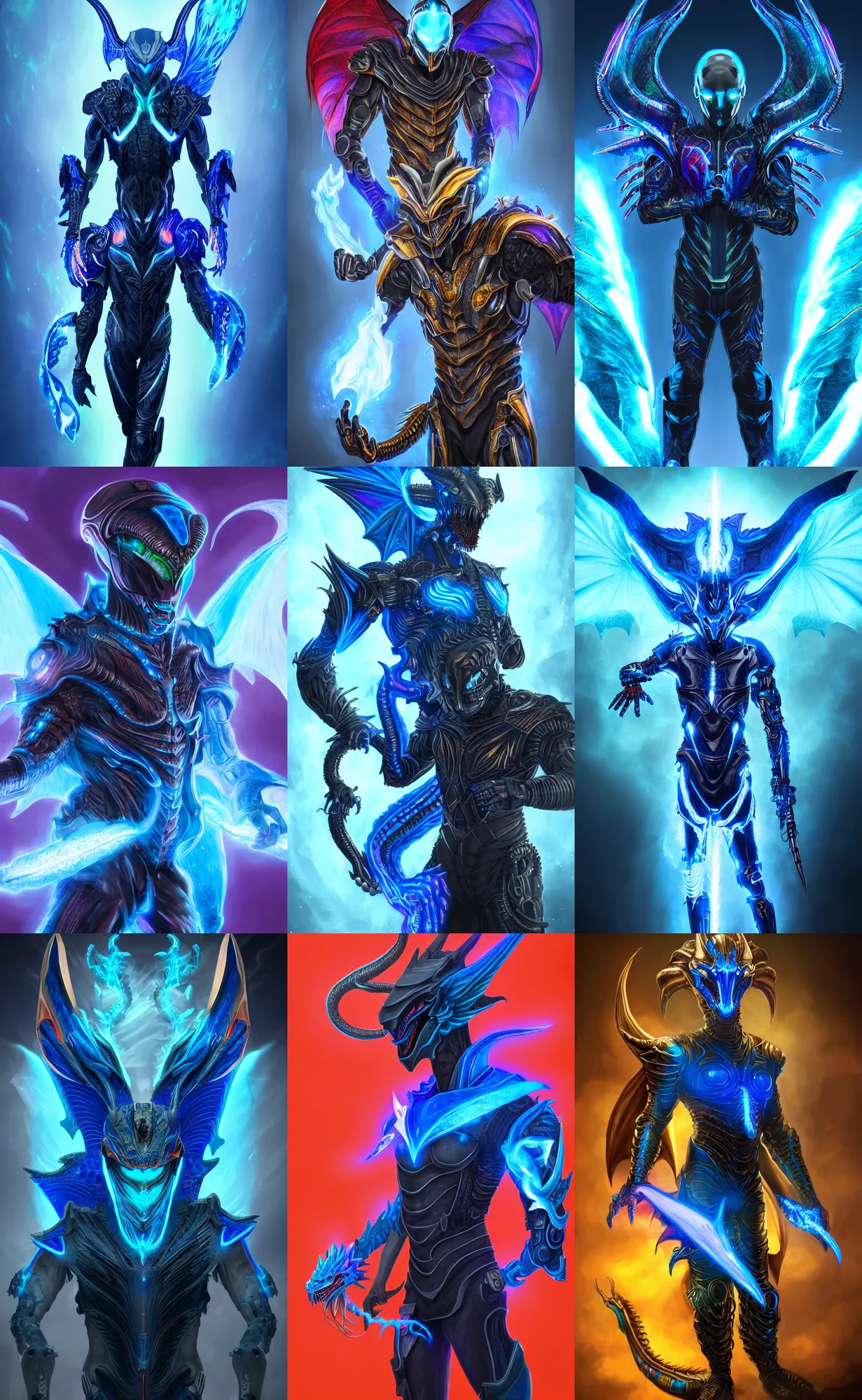 Prompt: young male cyborg with a dragon - inspired suit, dragon head, dragon wings, dragon tail, wielding a blue flame, digital art, alien, rich iridescent colors, d & d, very detailed, symmetrical, 8 k hd, futuristic