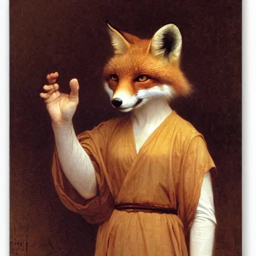 Image similar to An anthropomorphic fox in a brown robe, by bouguereau