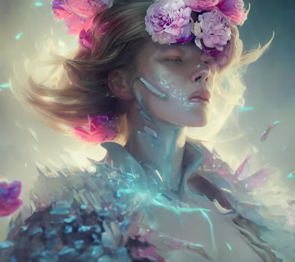 Image similar to beautiful girl necromancer covered with crystals exploding ice, 3 d render, hyper realistic detailed portrait, holding magic flowers, ruan jia, wlop. scifi, fantasy, hyper detailed, octane render, concept art, peter mohrbacher