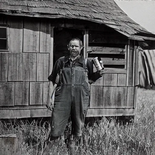 Image similar to a hillbilly drinking a bottle of beer infront of his shack home, blue overalls, redneck, photograph, 1 9 1 7, colorized, high quality, high resolution