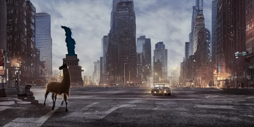 Image similar to a llama walking through a desolate manhattan city street at night, statue of liberty seen in the background, realistic 4 k octane beautifully detailed render, 4 k post - processing, highly detailed, detailed face, intricate complexity, epic composition, magical atmosphere, cinematic lighting, masterpiece, color picture, ultra hd