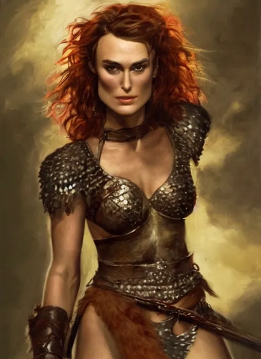 Prompt: Portrait of Keira Knightley as Red Sonja, painted by Frank Frazetta, highly detailed, 8k