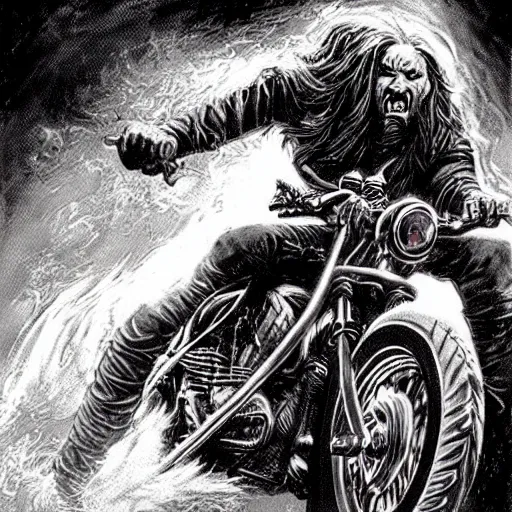 Prompt: artwork of long haired biker riding from the flames by Greg Hildebrandt and Frank Frazetta. Part of his face is robotic. Cinematic lighting