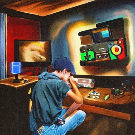 Image similar to teenager in the 9 0 s playing nintendo in a basement, painting