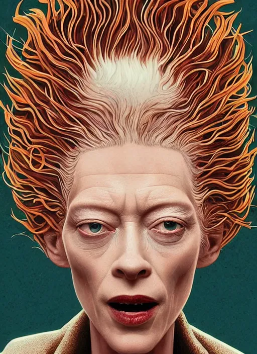 Image similar to poster artwork by Michael Whelan and Tomer Hanuka, Karol Bak of Tilda Swinton as the log lady, from scene from Twin Peaks, clean