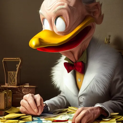 Prompt: hyperrealistic mixed media image of Scrooge McDuck !!duck face!!, stunning 3d render inspired art by István Sándorfi and Greg Rutkowski, perfect facial symmetry, realistic, highly detailed attributes and atmosphere, dim volumetric cinematic lighting, 8k octane extremely hyper-detailed render, post-processing, masterpiece,
