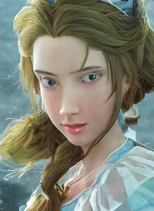 Image similar to elegant Aerith Gainsborough stares intently at the viewer in bemusement. ultra detailed painting at 16K resolution and epic visuals. epically surreally beautiful image. amazing effect, image looks crazily crisp as far as it's visual fidelity goes, absolutely outstanding. vivid clarity. ultra. iridescent. mind-breaking. mega-beautiful pencil shadowing. beautiful face. Ultra High Definition. amazingly crisp sharpness. high quality film still. processed twice. film grain.